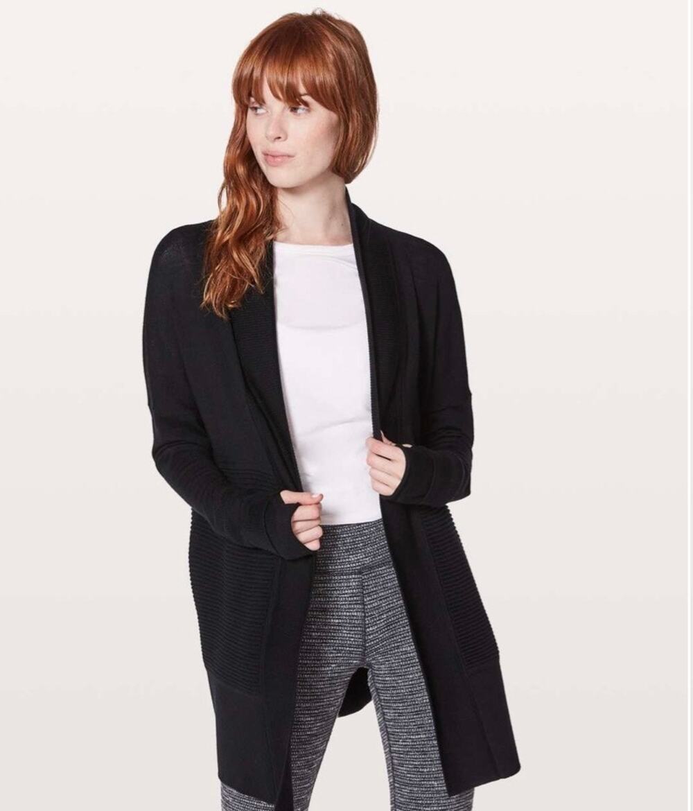Lululemon Sit In Lotus Wrap II Sweater Cardigan Womens Size 6 Black Merino Wool